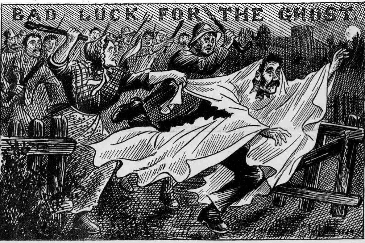 Шутника в костюме призрака избивают недовольные граждане. Девон, Англия, 1894 год. Иллюстрация в газете Police News